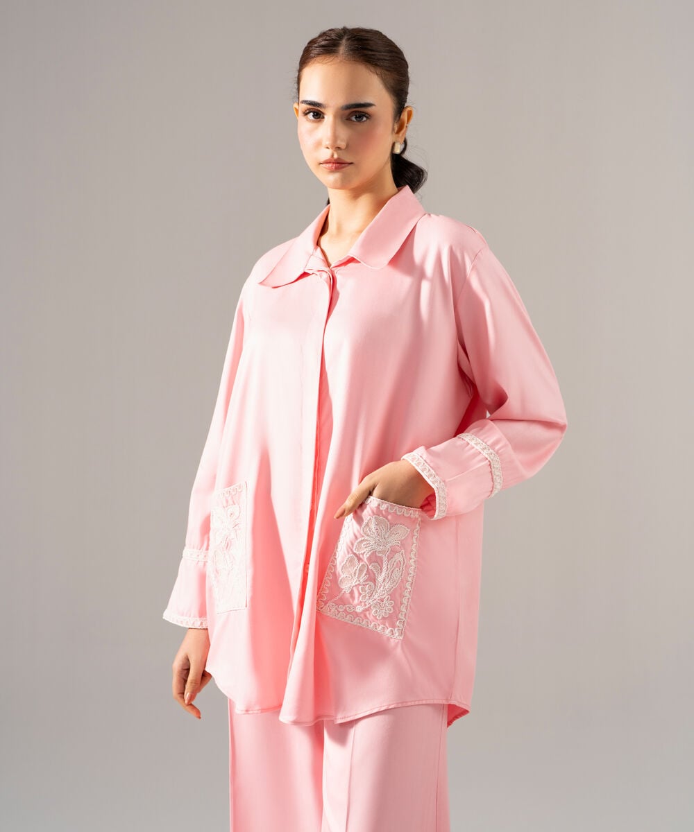 Women's RTW Viscose Marina Solid Embroidered Pink Drop Shoulder Shirt