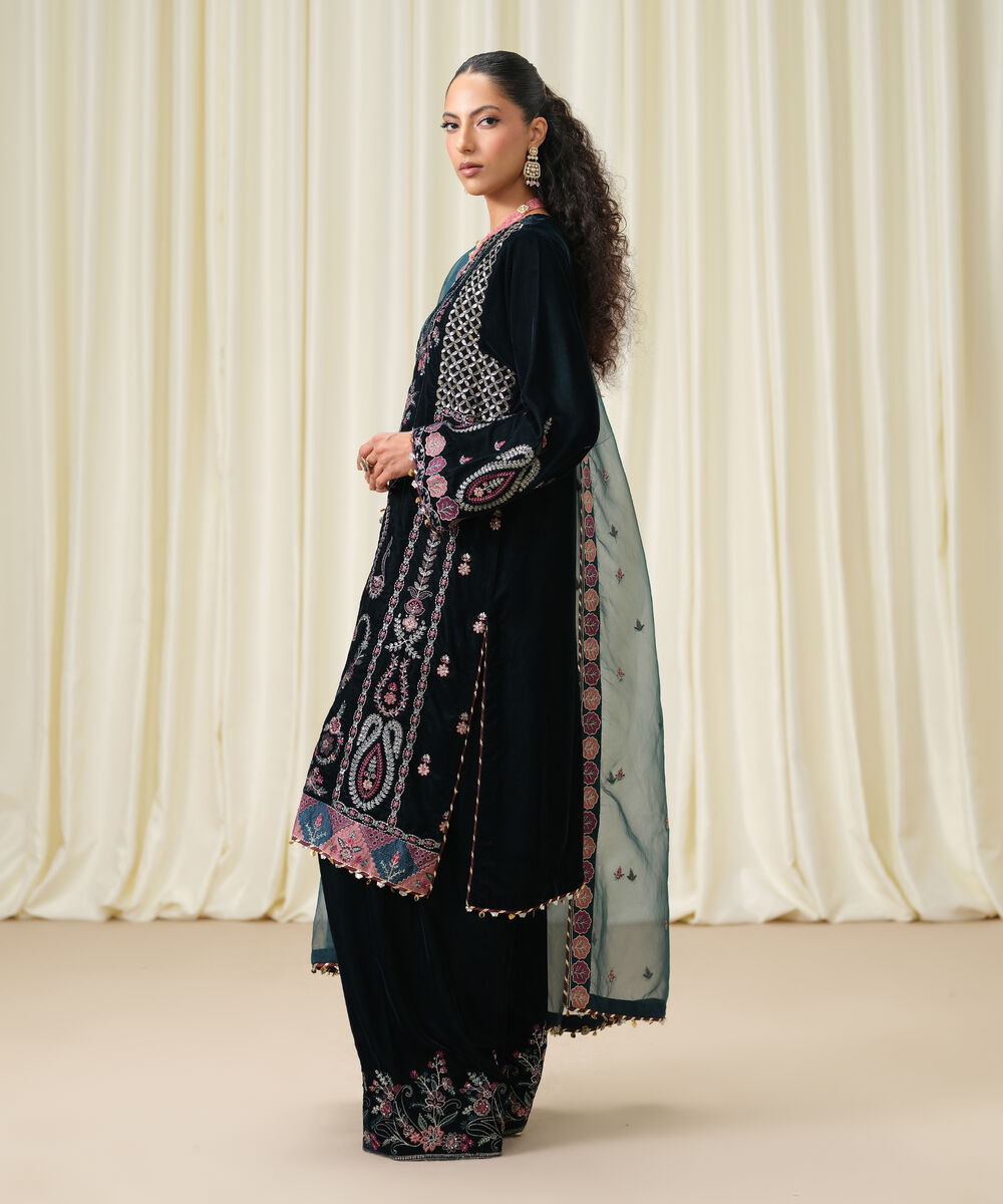 Women's Unstitched Embroidered Velvet Teal Green 3 Piece Suit