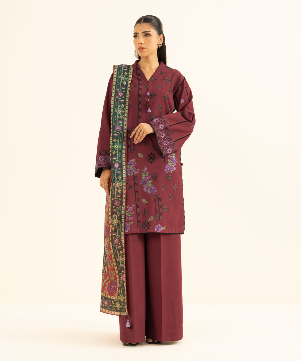 Women's Unstitched Viscose Raw Silk Embroidered Red 3 Piece Suit