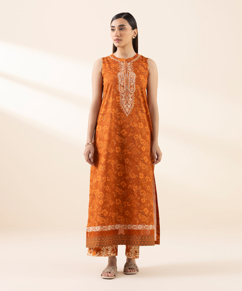 Women's Unstitched Lawn Embroidered Orange 2 Piece Suit