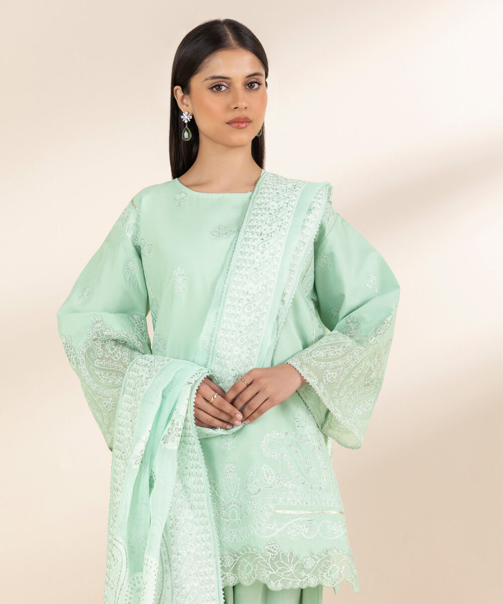 Unstitched Women's Green Chambray Embroidered 3 Piece Suit