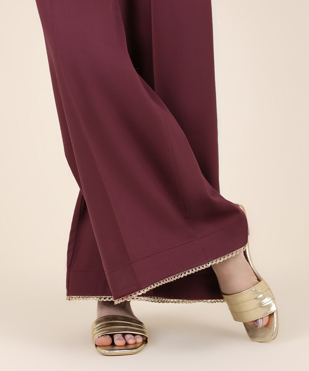 Women's RTW Cotton Satin Red Solid Flared Pants