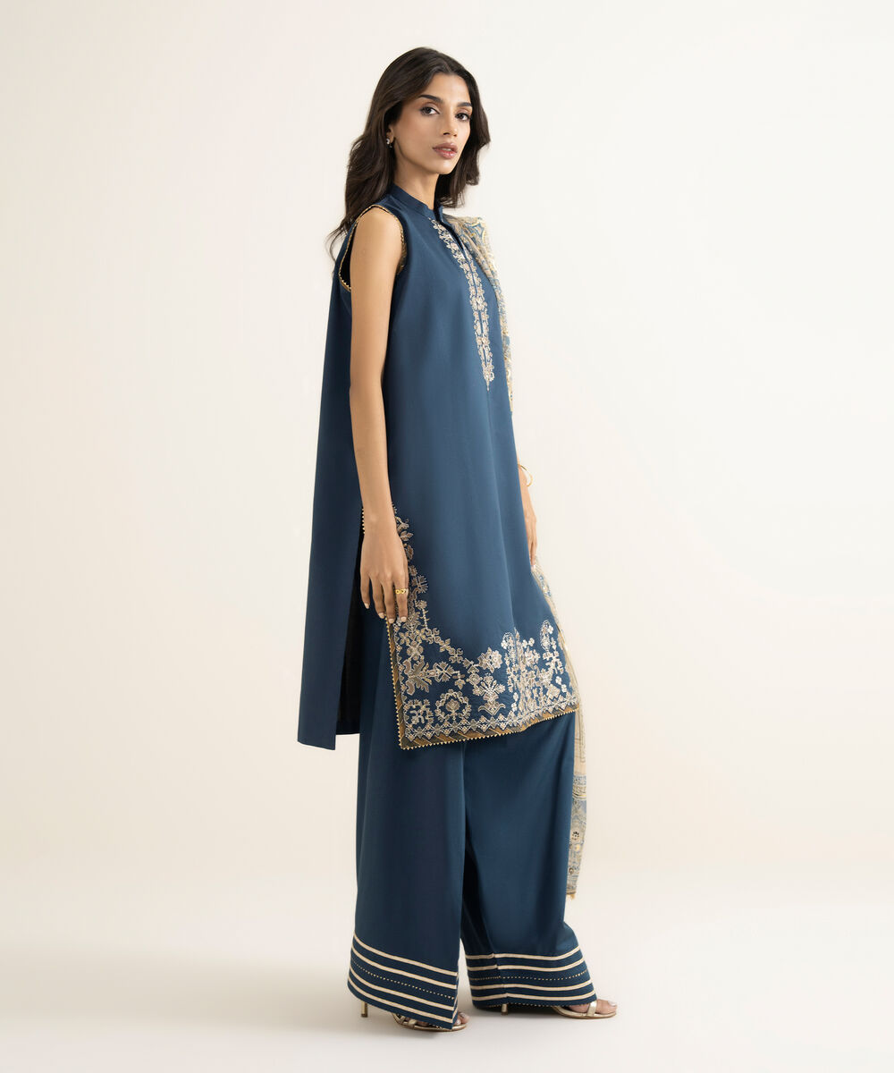 Women's Unstitched Textured Lawn Embroidered Blue 3 Piece Suit