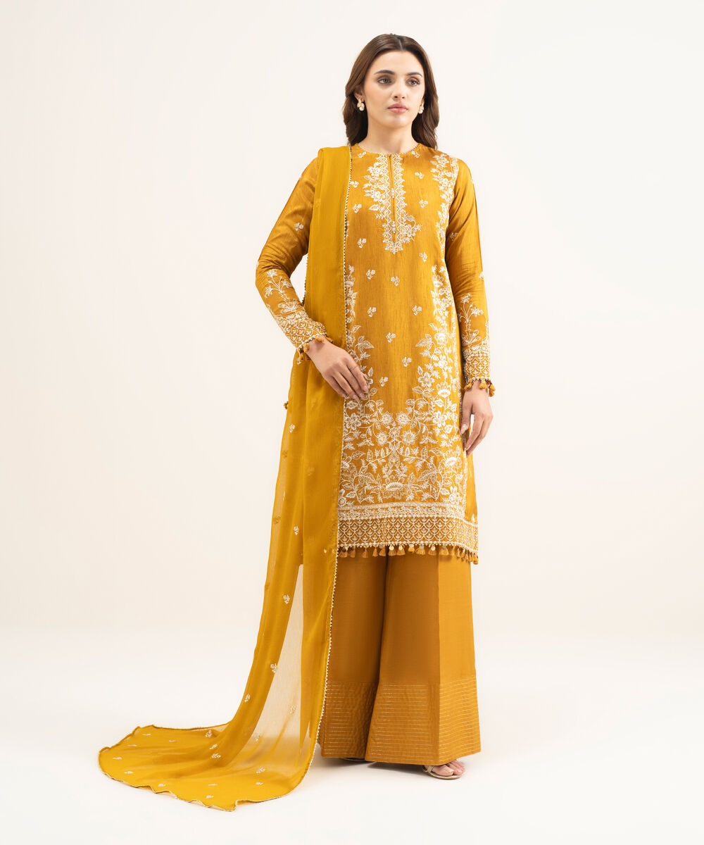 Women's Unstitched Raw Silk Embroidered Orange 3 Piece Suit
