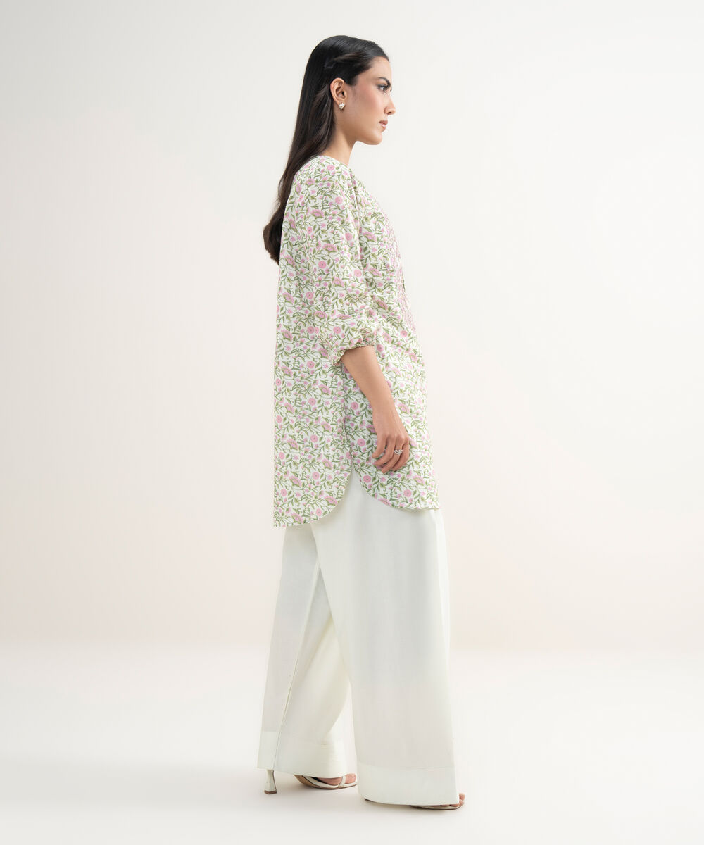 Women's RTW Slub Lawn Embroidered Mint Green Straight Shirt