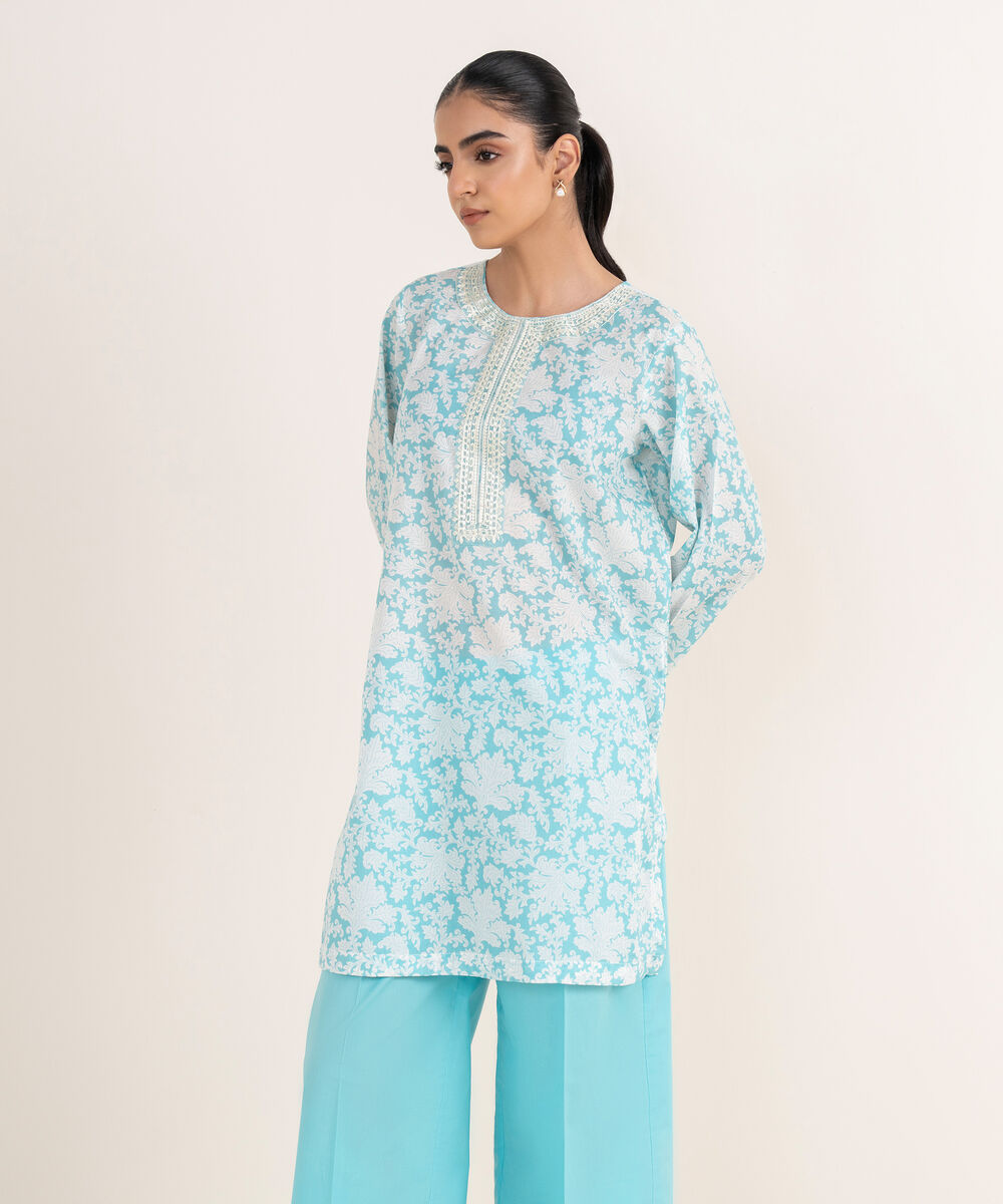 Women's RTW Lawn Blue Embroidered A-Line Shirt