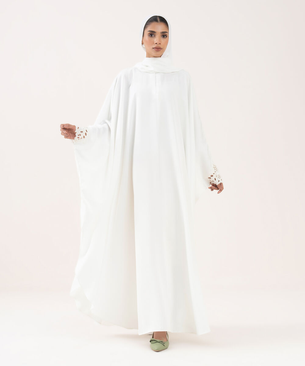 Women's White Polyester Abaya Set