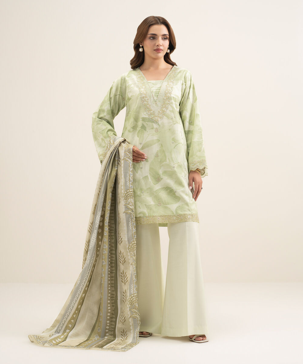 Women's Unstitched Textured Cotton Viscose Embroidered Light Mint 3 Piece Suit