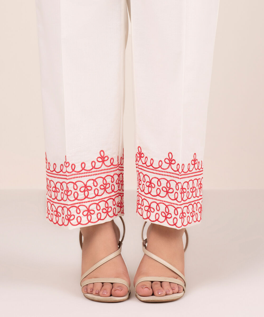 Women's RTW Cambric Embroidered White Straight Pants