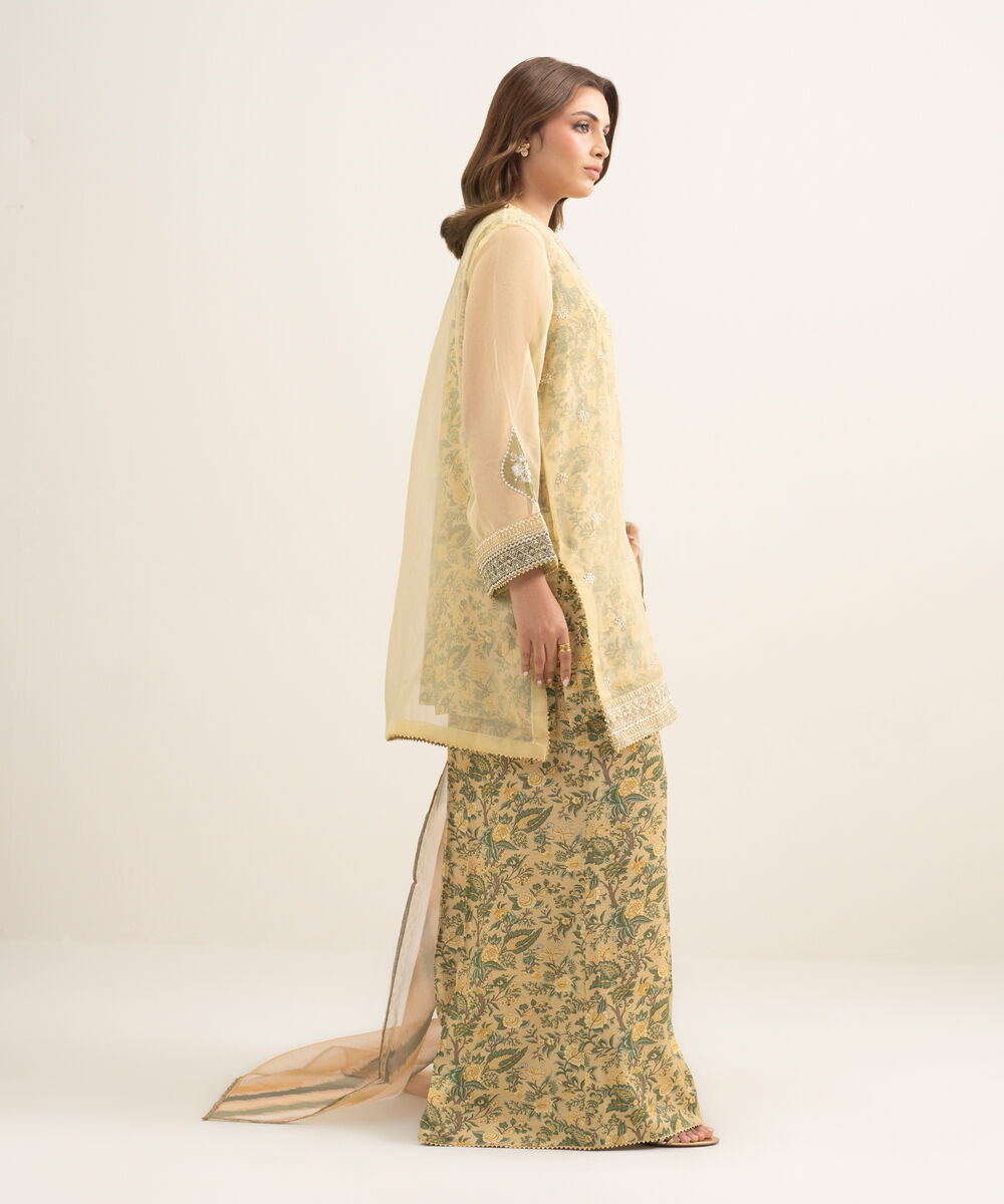 Women's RTW Blended Organza Embroidered Yellow 3 Piece Suit