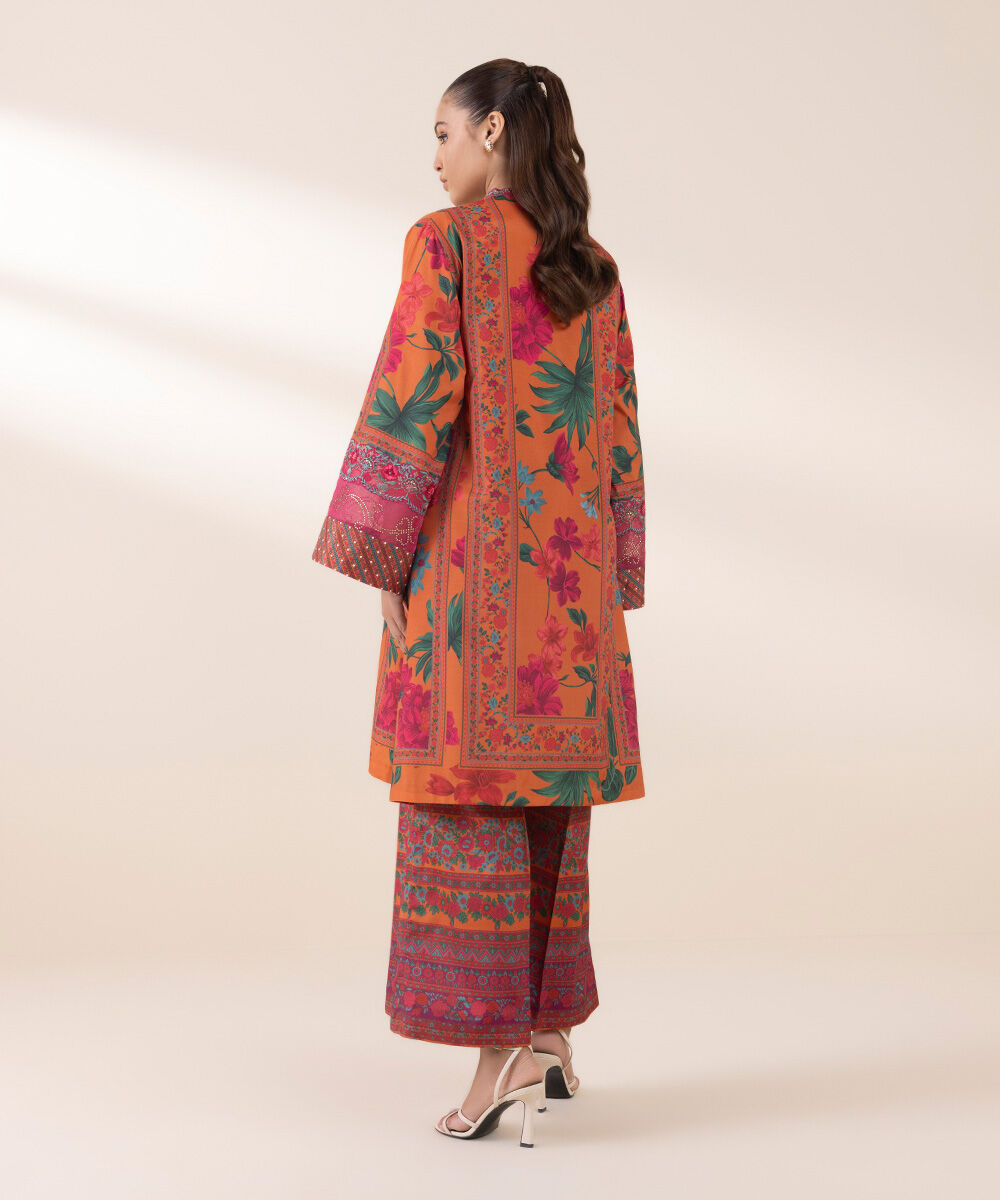 Woman - Orange 2 Piece - Embroidered Silk Suit
