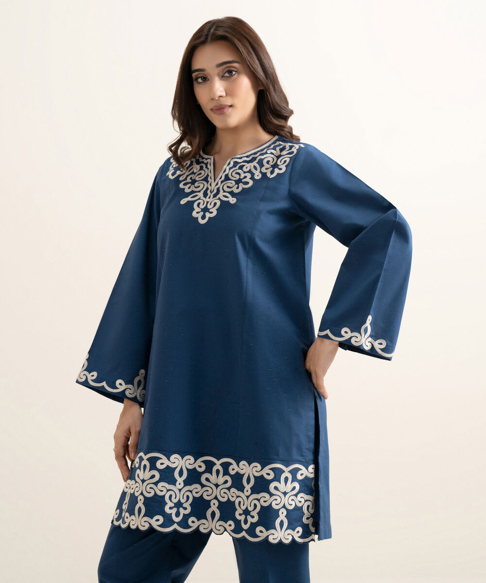 Women's RTW Multi Neps Embroidered Blue Straight Shirt