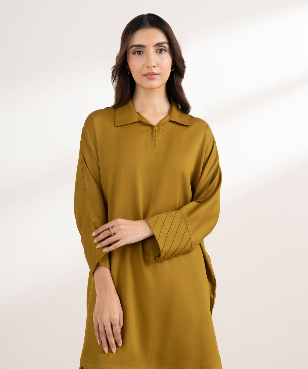 Women's RTW Bedford Solid Drop Shoulder Mustard Shirt