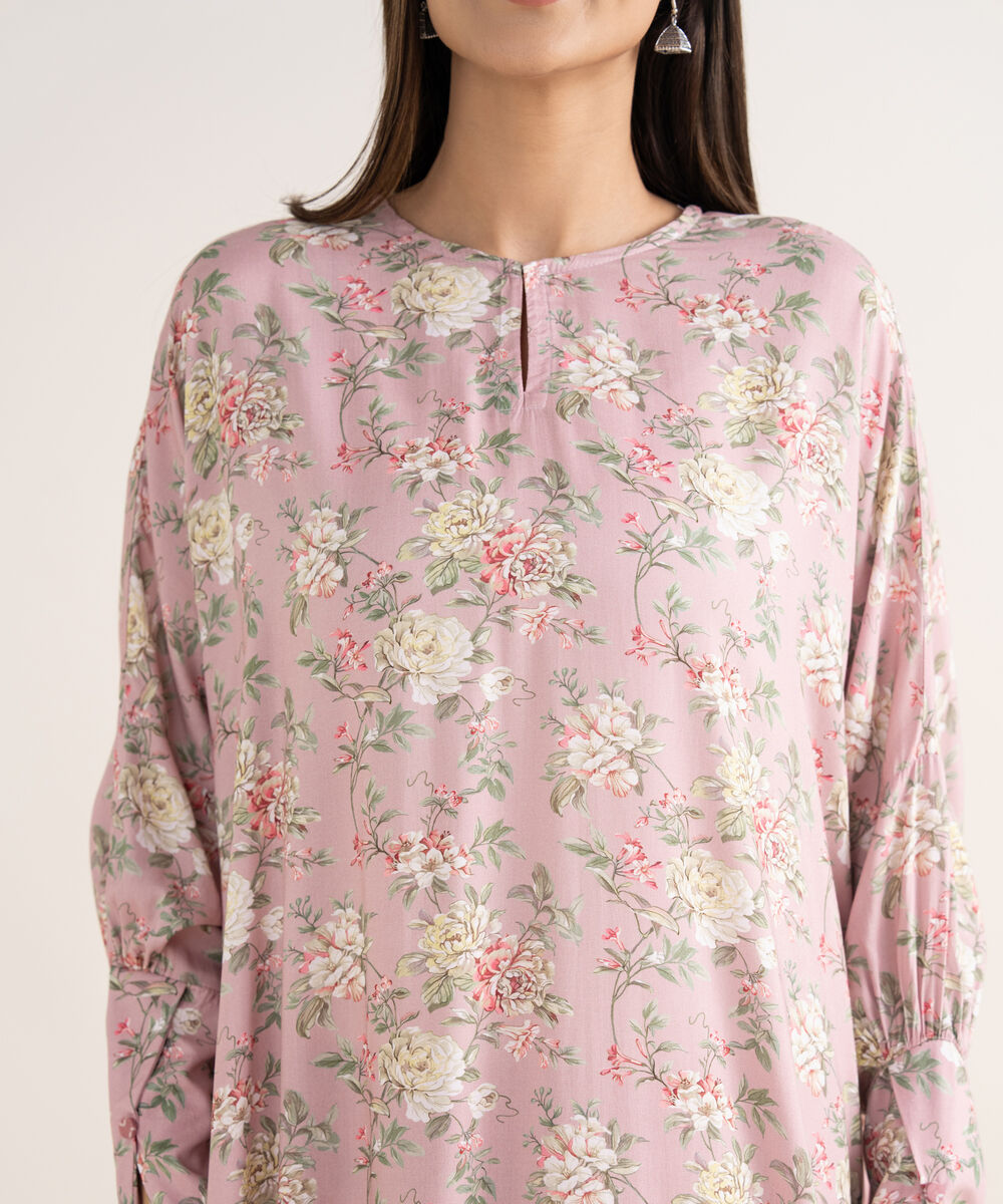 Women's RTW Arabic Lawn Light Pink Printed Drop Shoulder Shirt