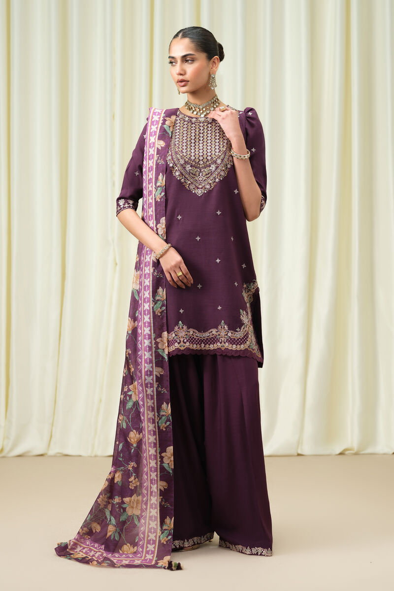 3 Piece - Embroidered Raw Silk Suit