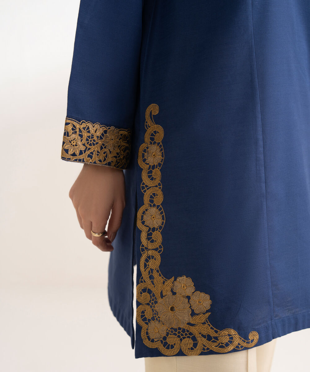 Women's RTW Khaddar Embroidered Straight Blue Shirt
