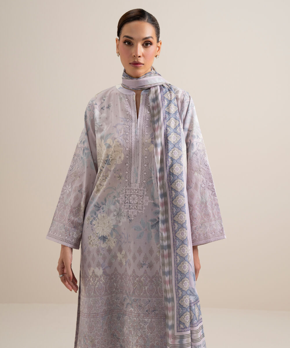 Women's Unstitched Lawn Embroidered Light Purple 3 Piece Suit