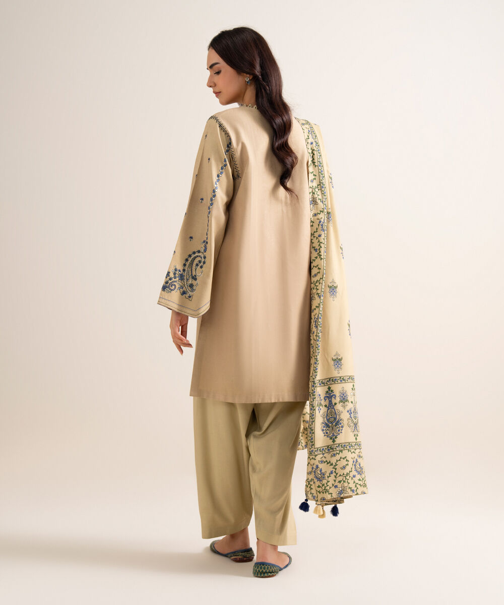 Women's Unstitched Embroidered Linen Offwhite 3 Piece Suit