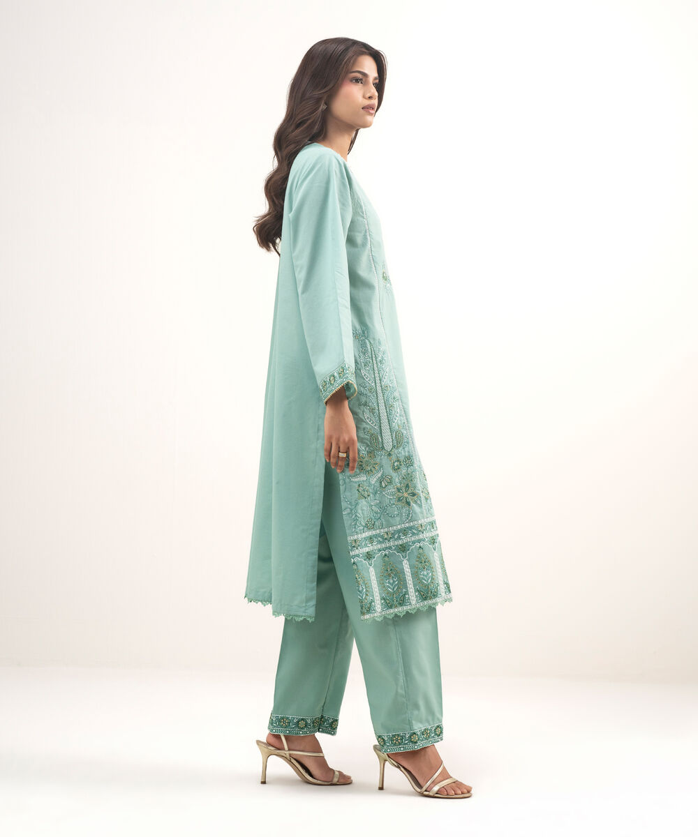Women's RTW Zari Lawn Embroidered Green  2 Piece Suit