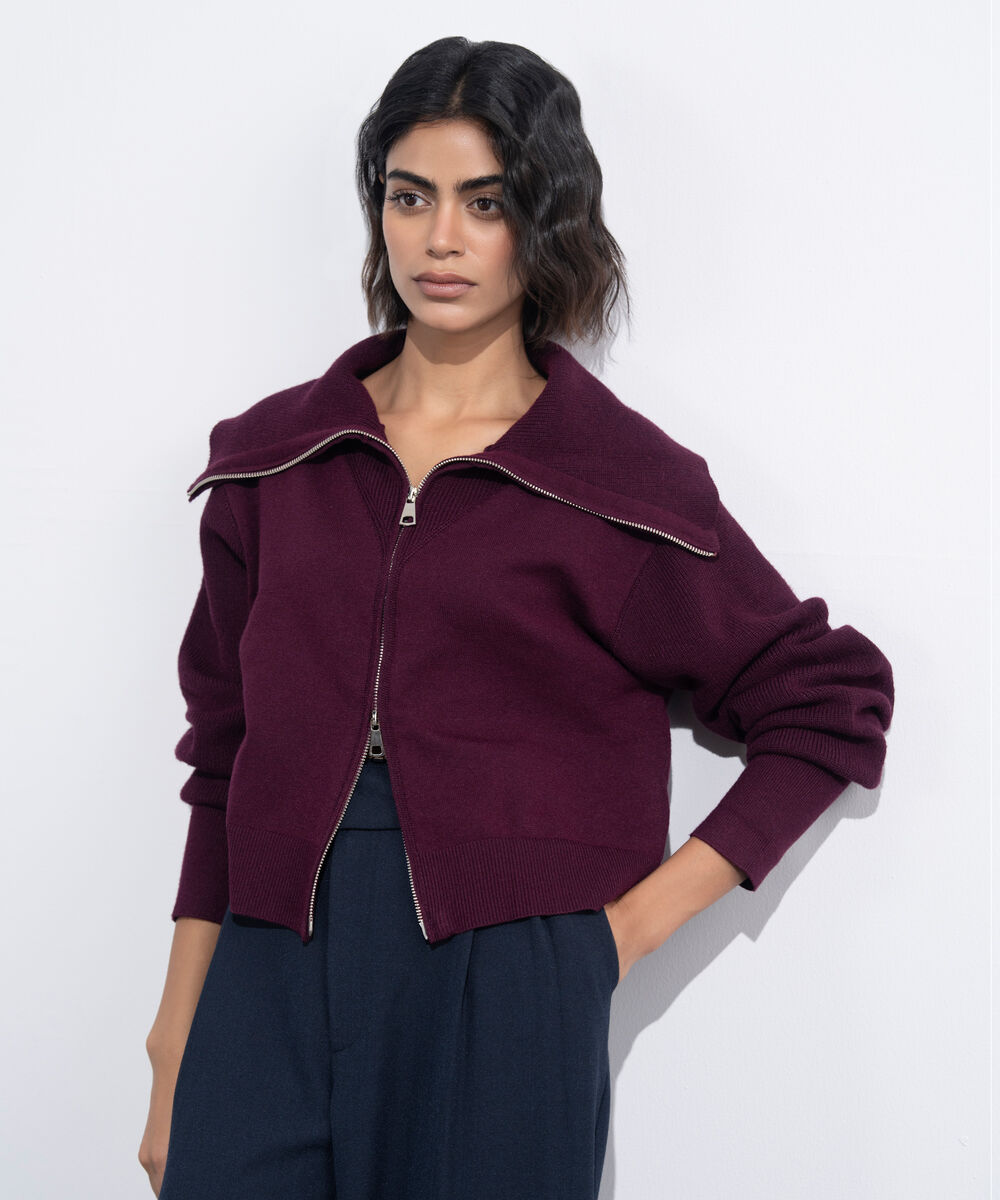 Women's Western Wear Maroon Zip-Up Knit Sweater