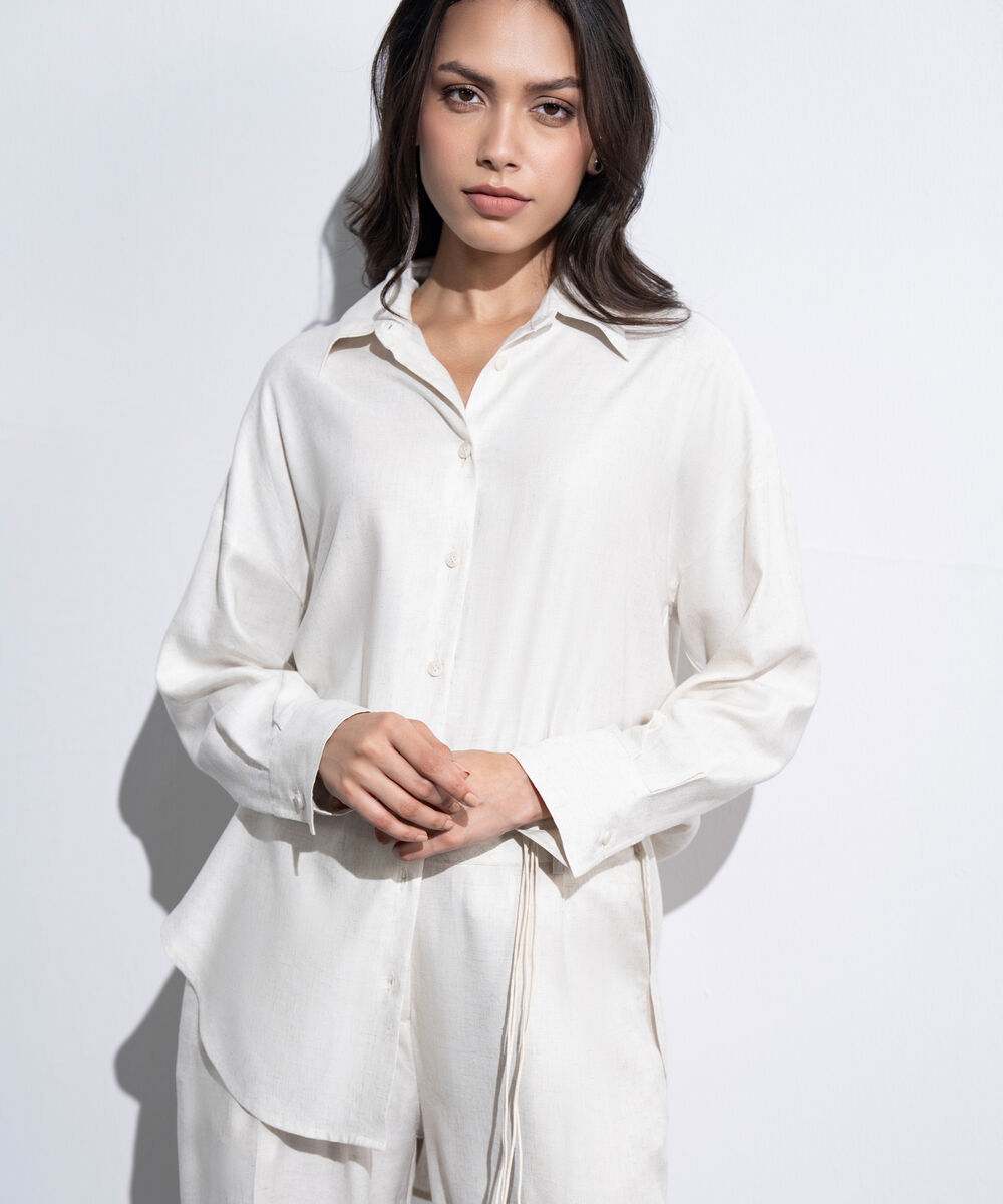 Women's Western Off-white Loose-Fit Linen Blend Shirt