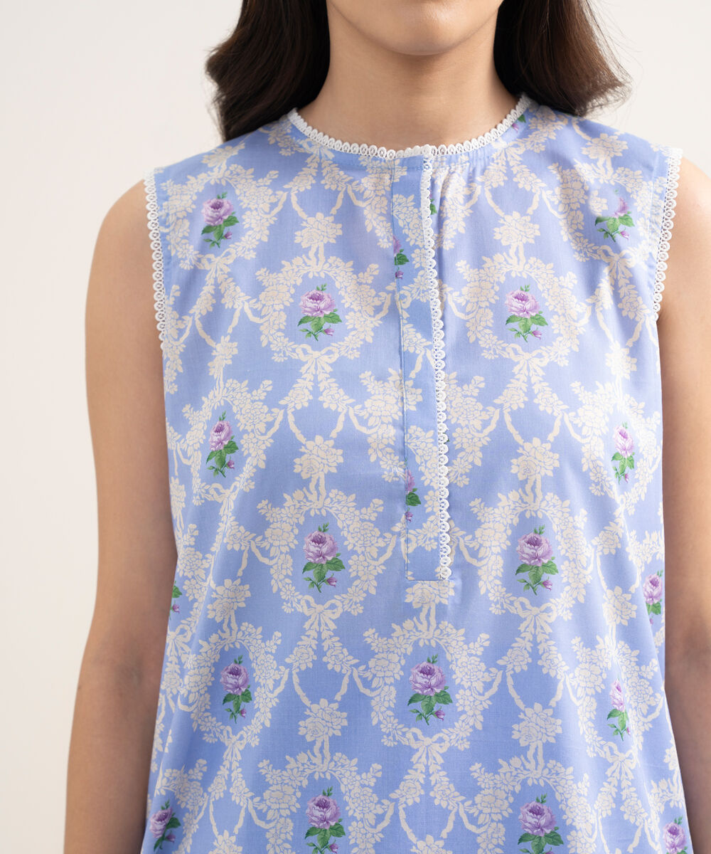 Women's RTW Lawn Printed Blue Straight Shirt