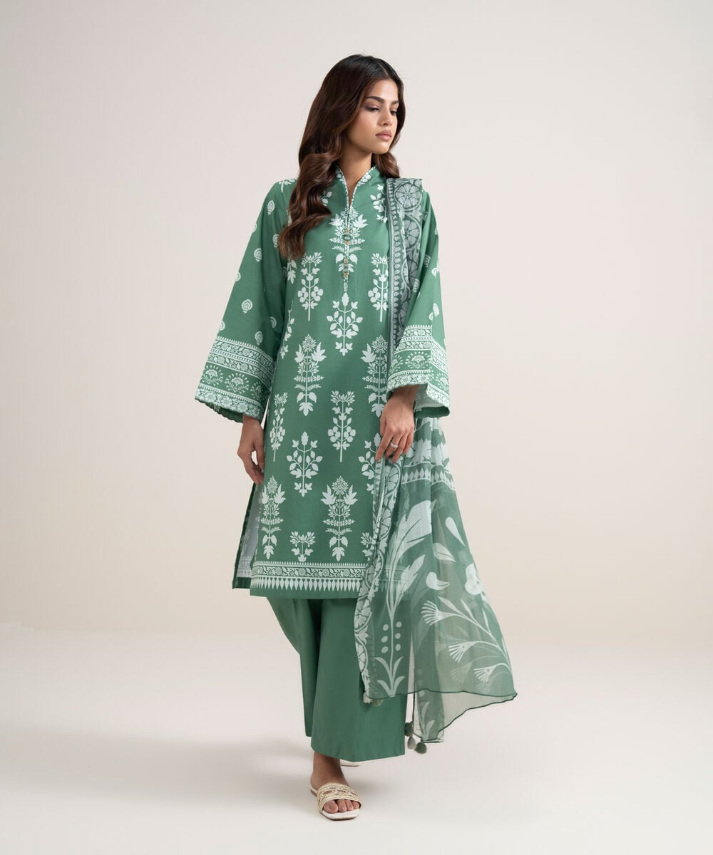 Women's Unstitched Lawn Printed Green 3 Piece Suit