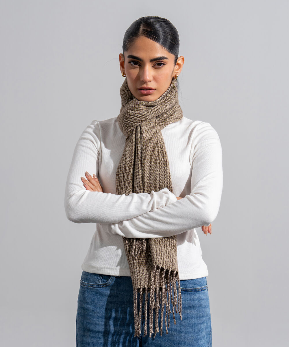 Women's Western Wear Brown And Off White Polyester Striped Woolen Scarf