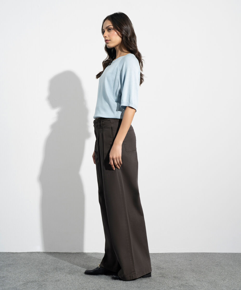 Women's Western Brown Wide Leg Pleated Chino Trousers