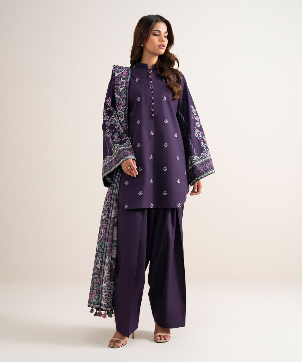 Women's Unstitched Embroidered Cotton Purple 3 Piece Suit
