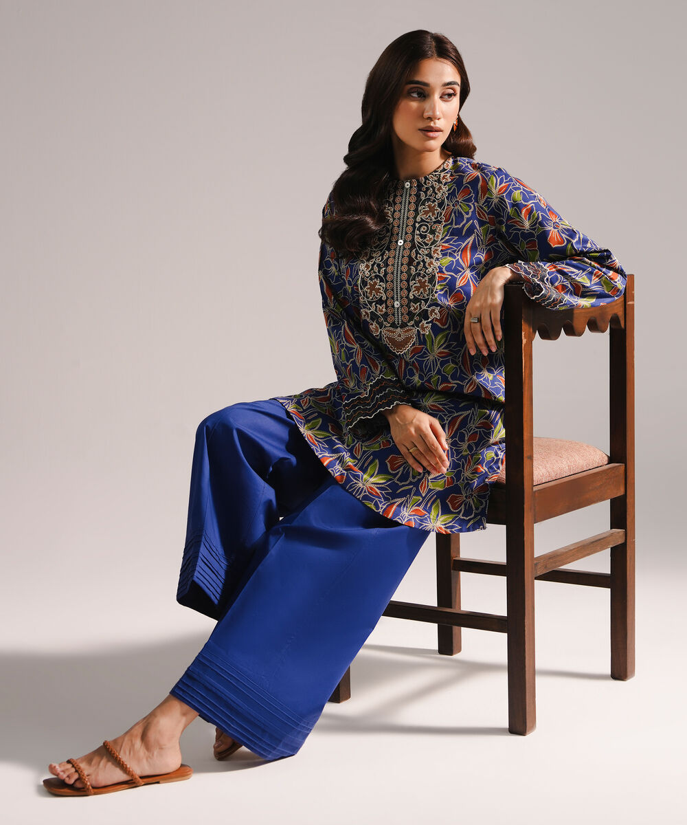 Women's RTW Textured Cotton Embroidered Dark Blue 2 Piece Suit