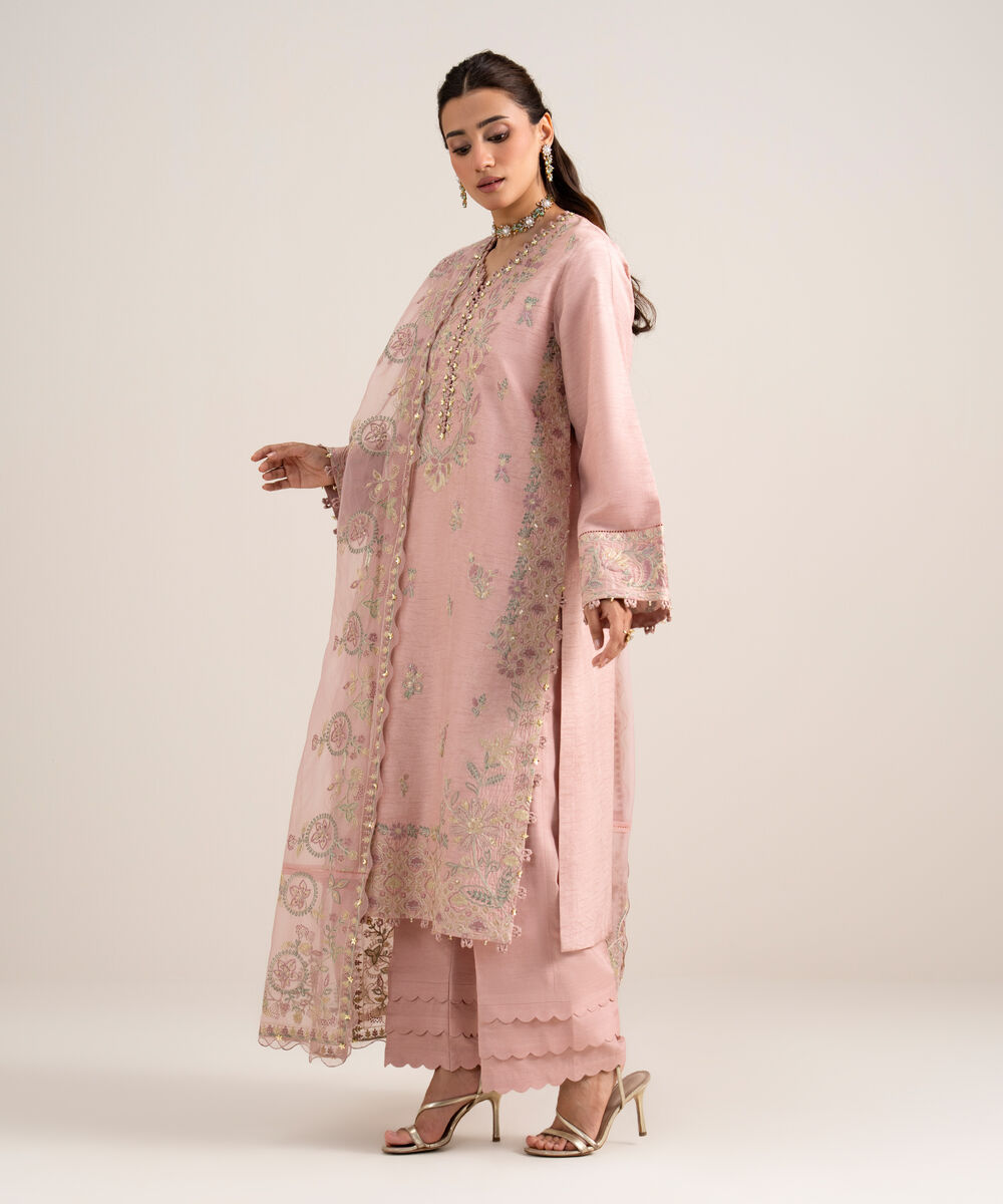 Women's Unstitched Embroidered Viscose Raw Silk Teal Pink 3 Piece Suit