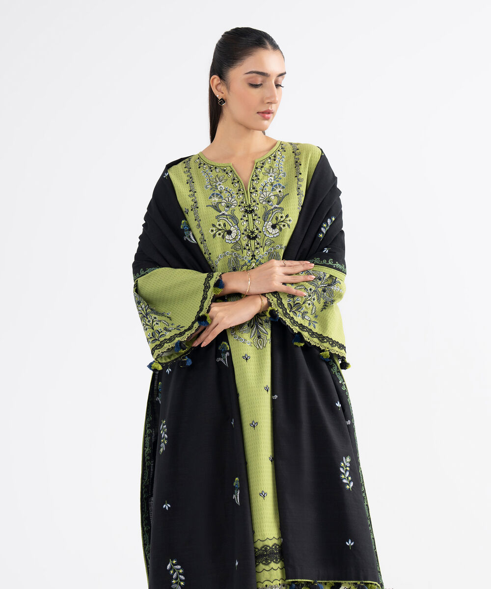 Women's Unstitched Dobby Embroidered Green 3 Piece Suit