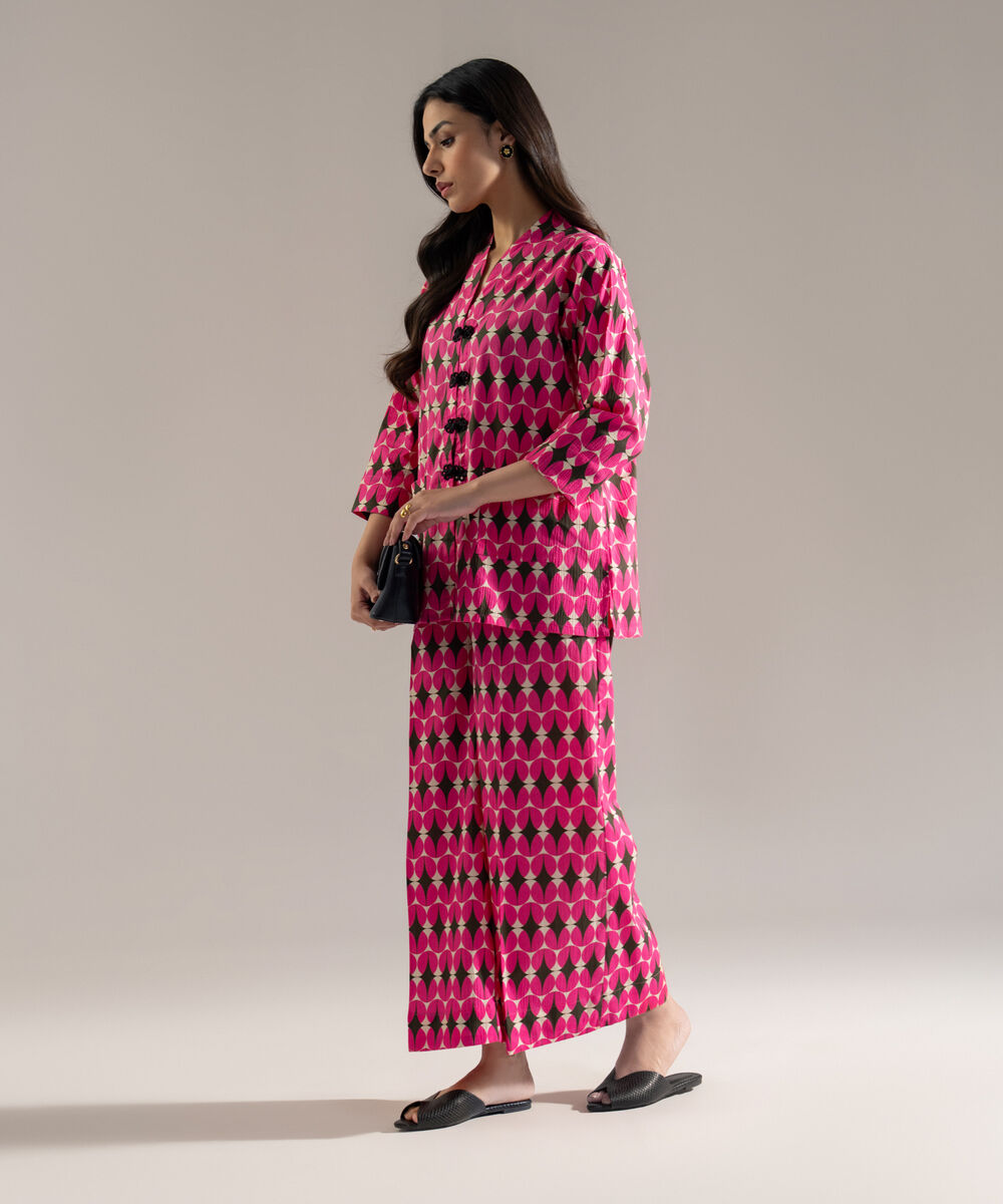 Women's RTW Seersucker Printed Pink 2 Piece Suit