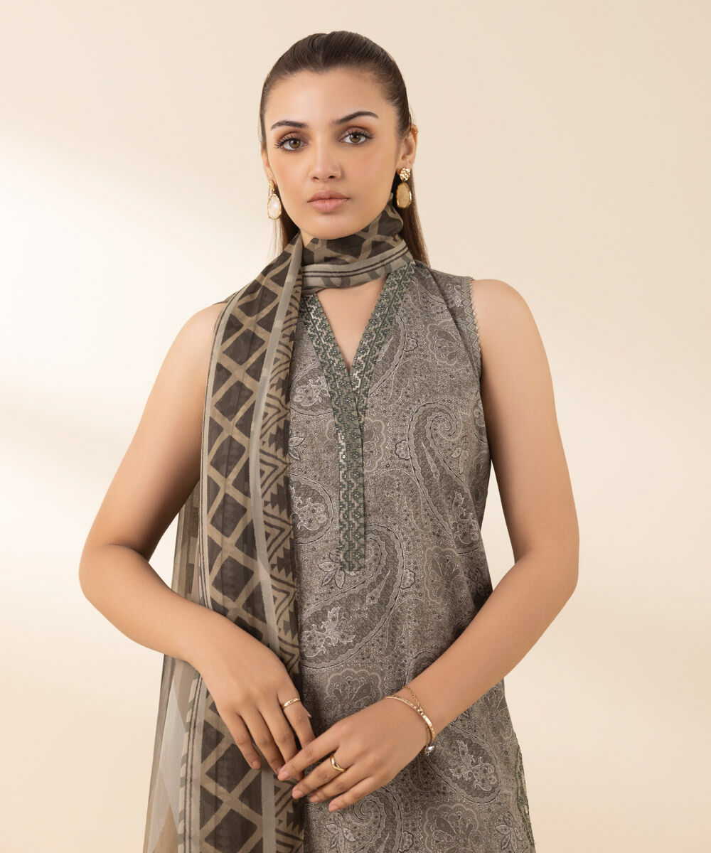 Unstitched Women's Embroidered Lawn Brown Three Piece Suit