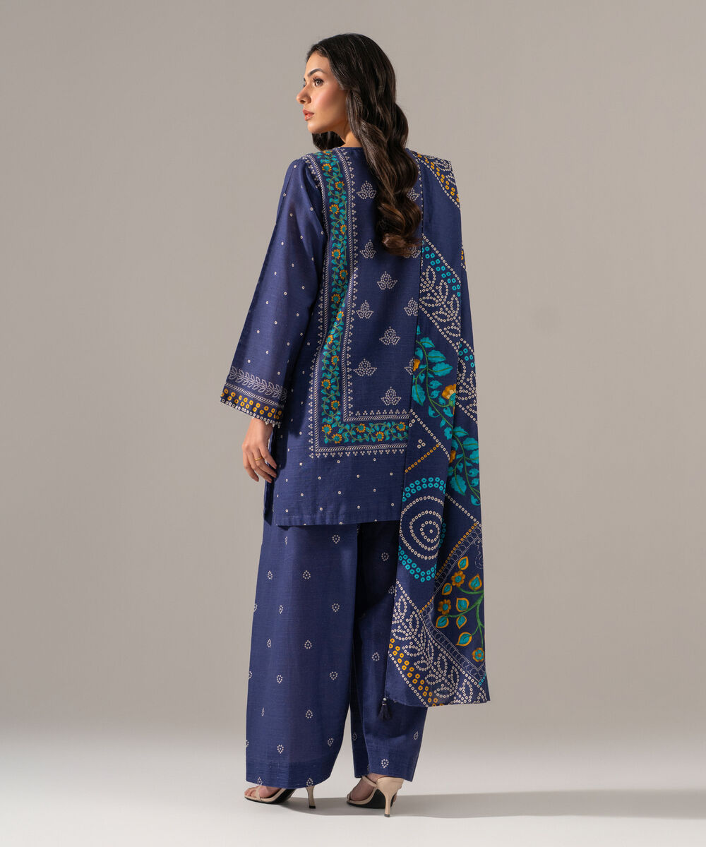Women's RTW Khaddar Printed Blue 3 Piece Suit