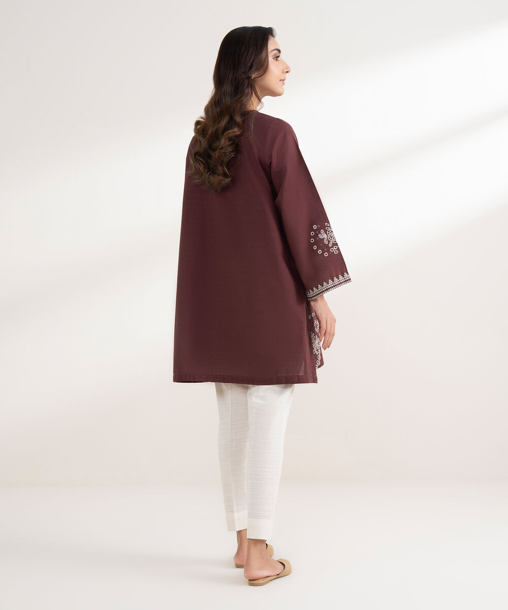 Women's RTW Khaddar Embroidered Straight Brown Shirt