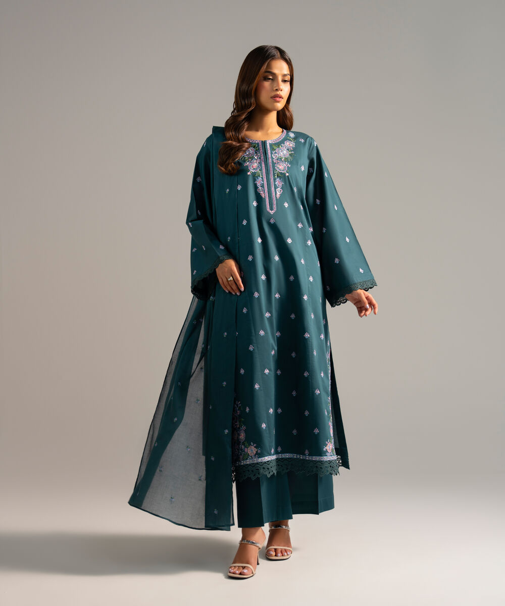 Women's RTW Lawn Embroidered Teal 3 Piece Suit