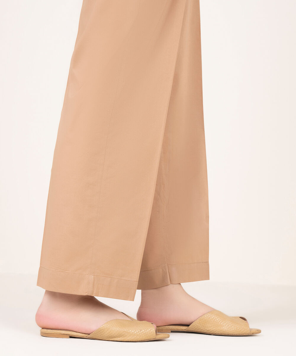 Women's RTW Cotton Solid Beige Straight Pants