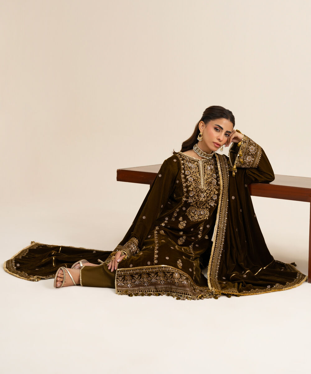 Women's Unstitched Velvet Embroidered Dark Brown 3 Piece Suit