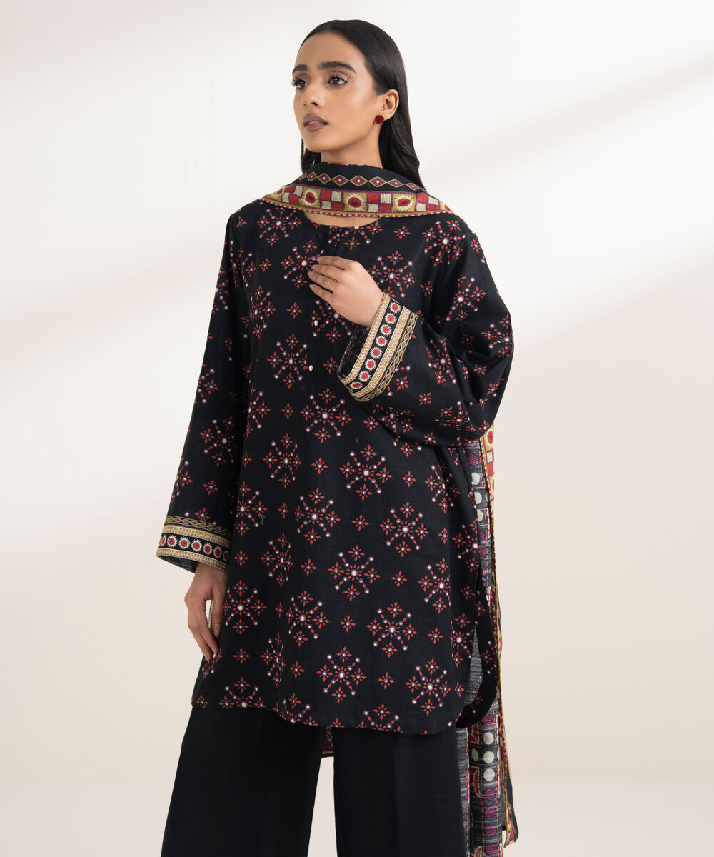 Women's RTW Khaddar Printed Black 3 Piece Suit