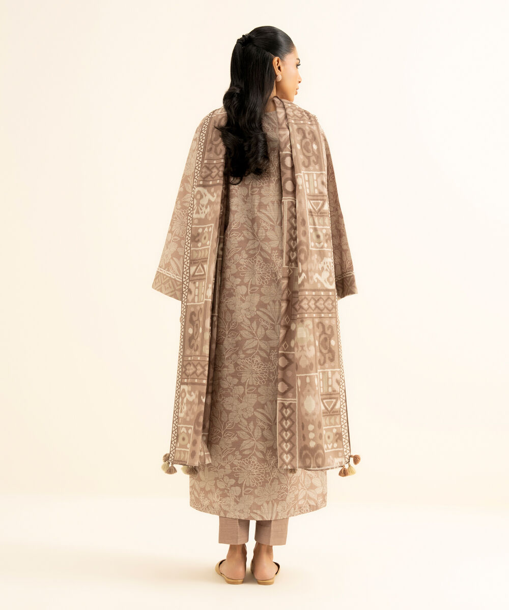 Women's Unstitched Printed Cotton Fawn and Off White 3 Piece Suit