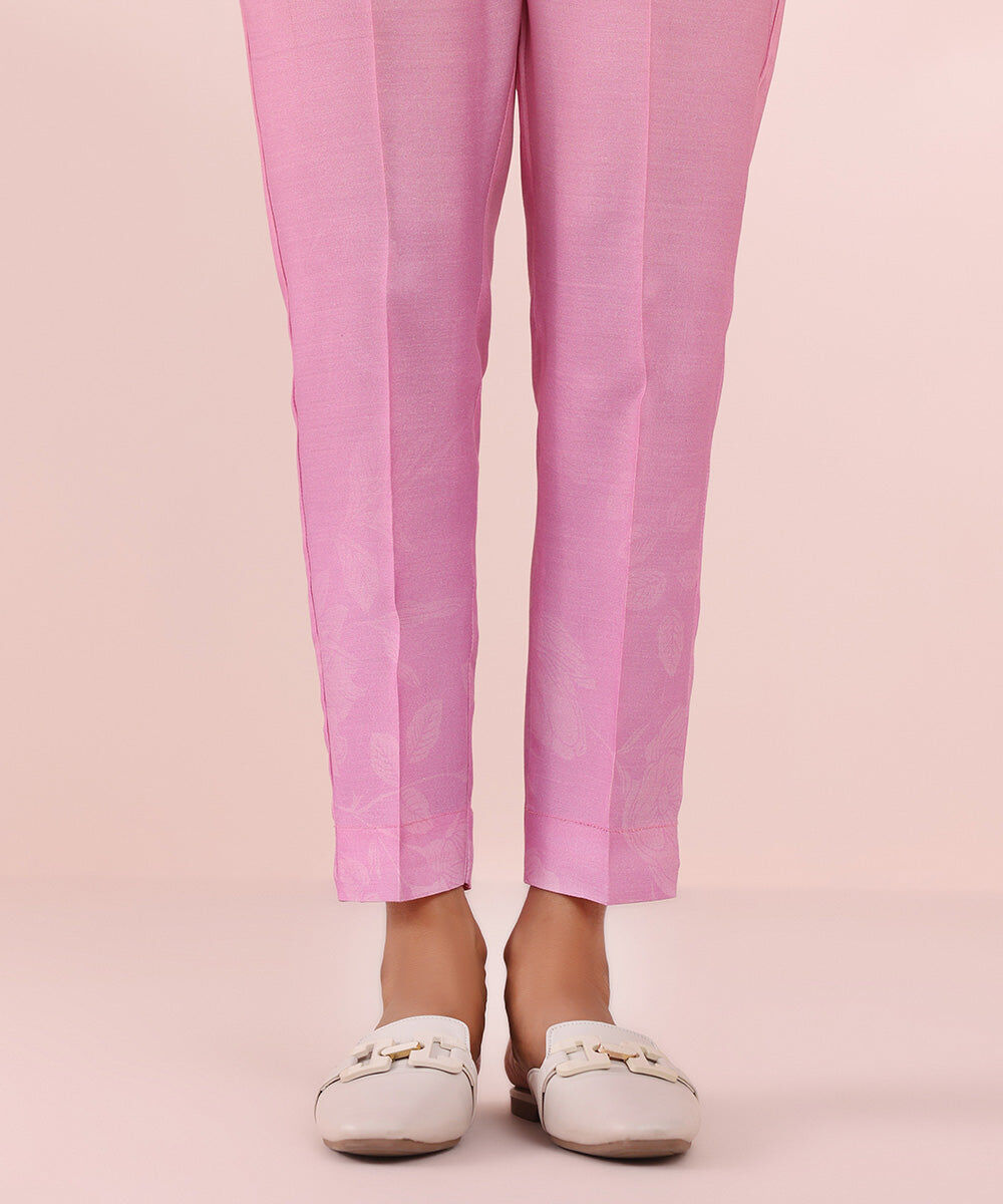 Women's Pret Viscose Raw Silk Pink Printed Cigarette Pants