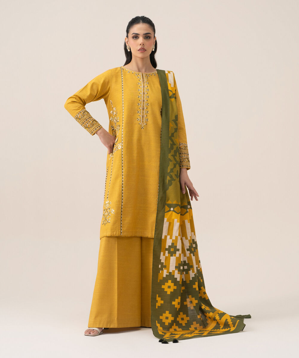 Women's Unstitched Lawn Embroidered Yellow 3 Piece Suit