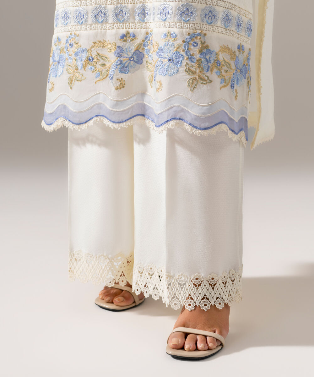 Women's RTW Dobby Solid Embroidered White 3 Piece Suit