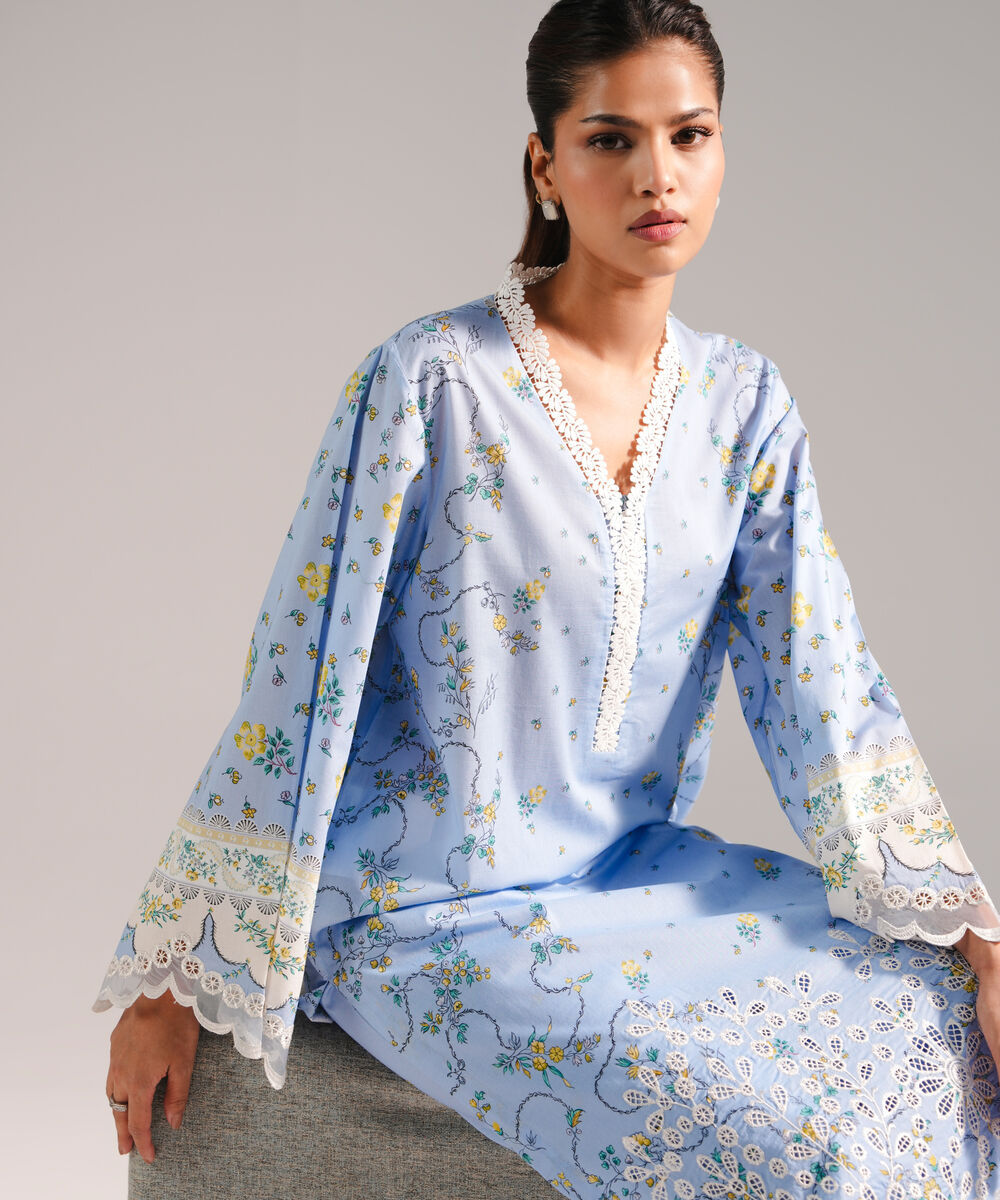 Women's RTW Lawn Embroidered Ice Blue A-Line Shirt
