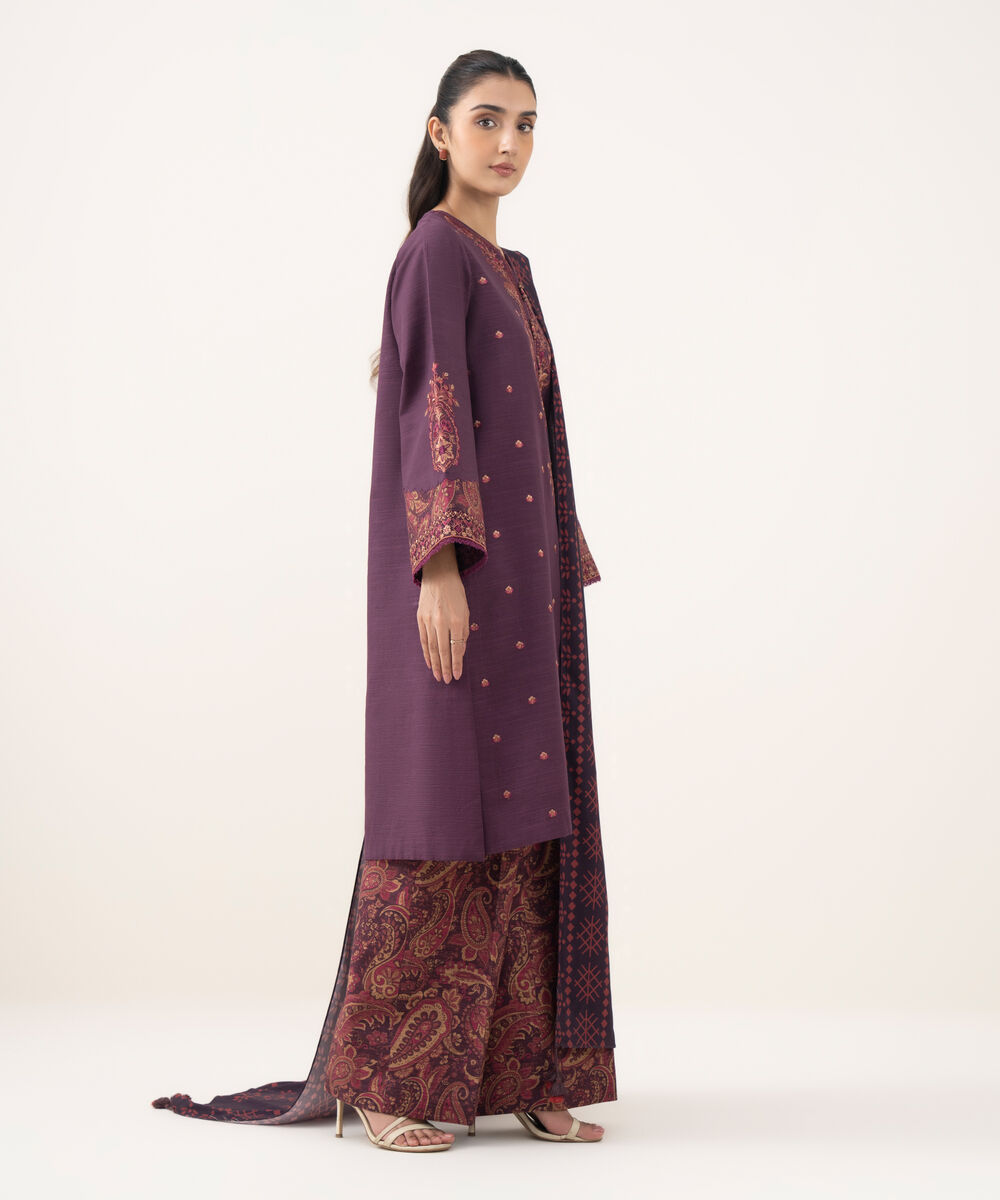 Women's Unstitched Embroidered Khaddar Plum 3 Piece Suit