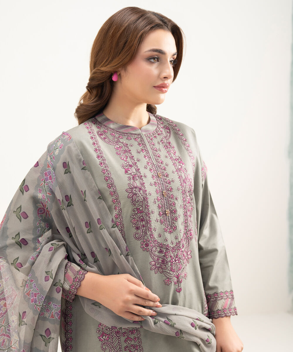 Women's Unstitched Lawn Embroidered Grey 3 Piece Suit
