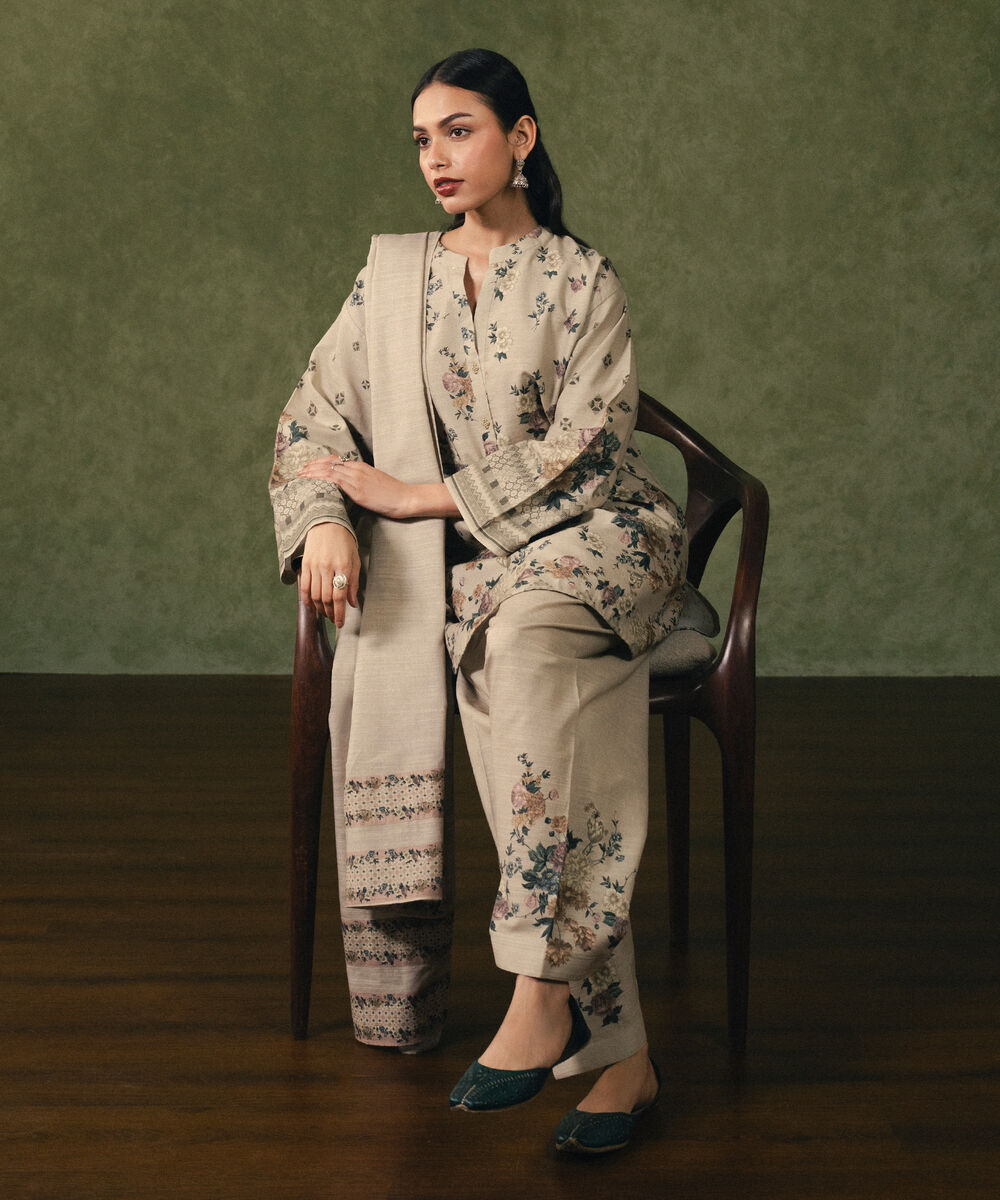 Women's Unstitched Cotton Printed Beige 3 Piece Suit