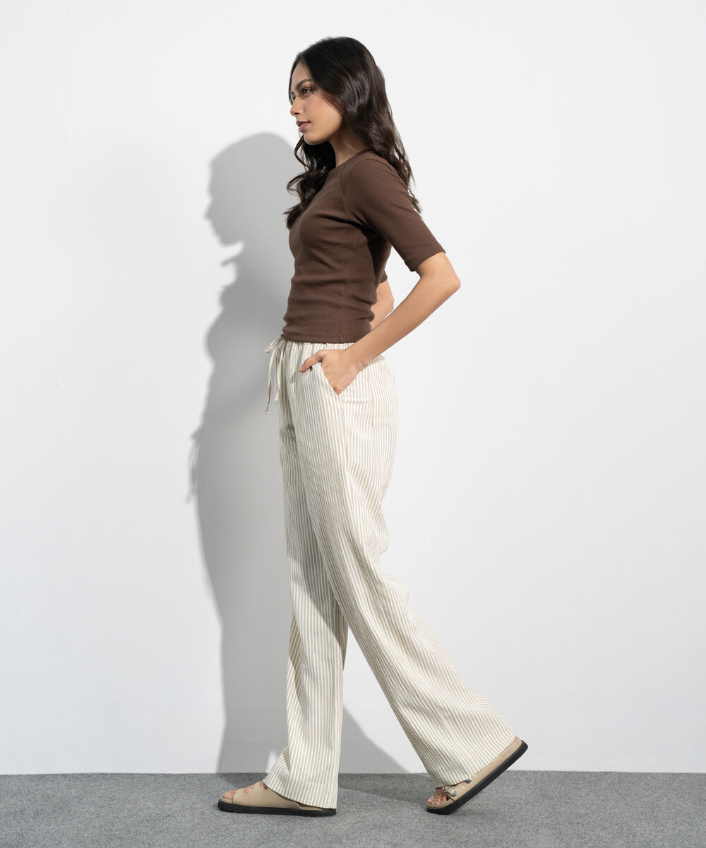Women's Western Cream Pull-On Striped Trousers